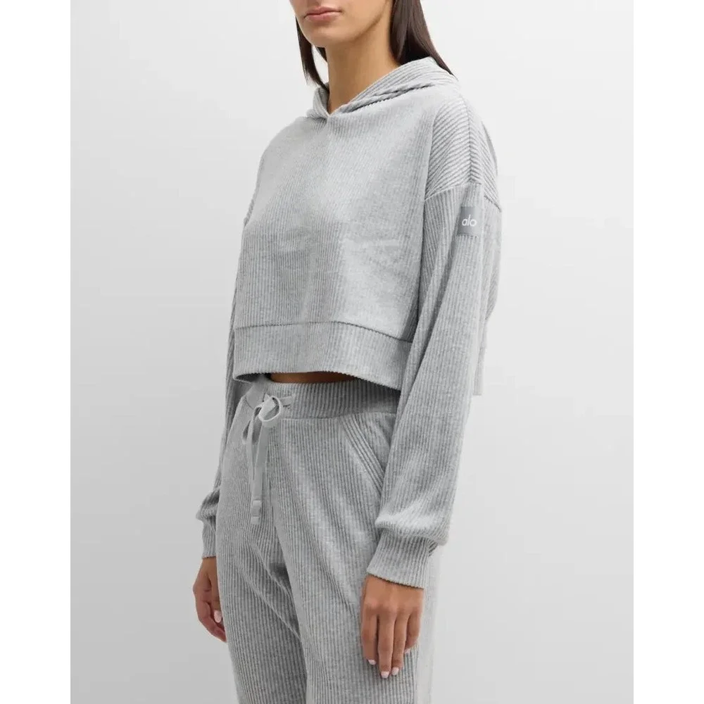 Alo Yoga Muse Ribbed Hoodie Sweatshirt Heather Grey Cropped Pullover Small‎